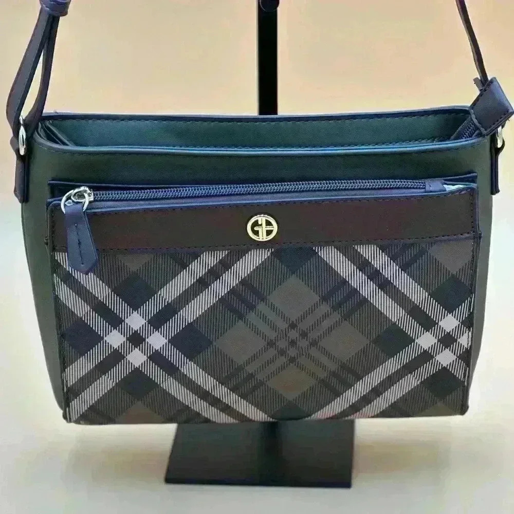 Giani Bernini Shoulder Strap Handbag Olive Brown Tan Plaid Bag 2 flaps included